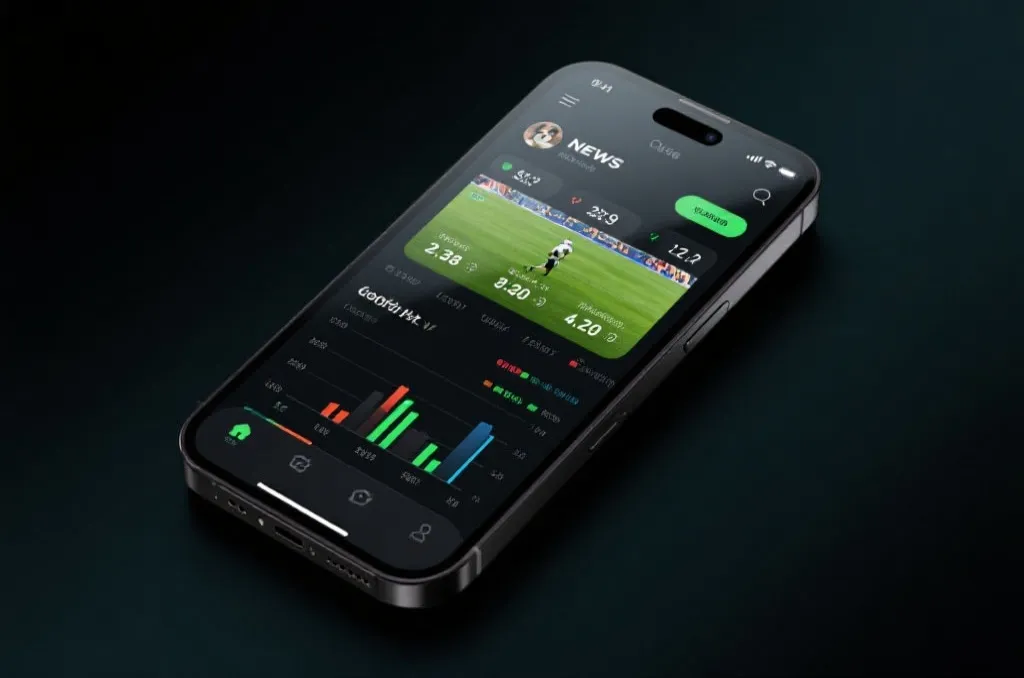 A modern smartphone displaying a sleek sports news application with live football scores and analysis charts on a dark background